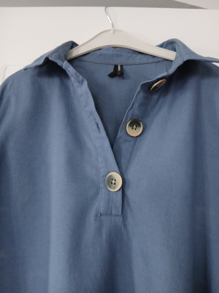 Mavi Keten Midi Gömlek - Görsel 5