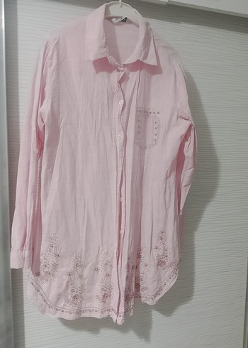 Pembe Nakışlı Uzun Kollu Keten Gömlek - Görsel 3