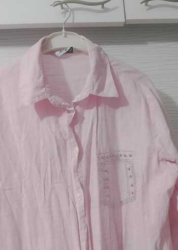 Pembe Nakışlı Uzun Kollu Keten Gömlek - Görsel 2