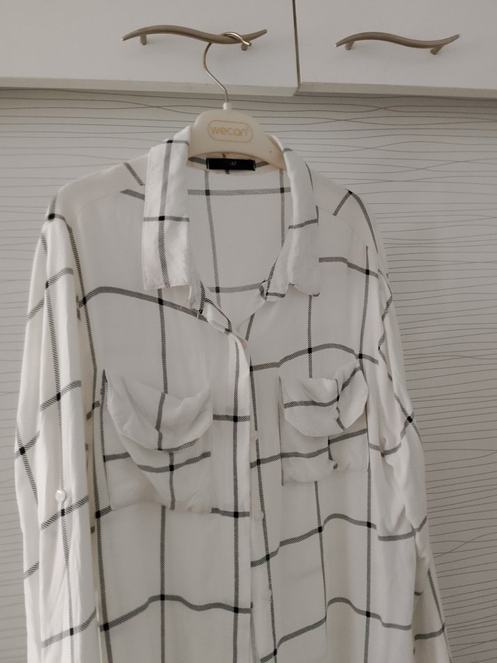 Uzun Kollu Beyaz Gri Kareli Keten Gömlek - Görsel 2