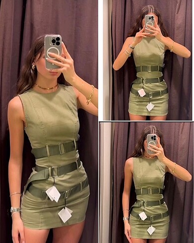 m Beden haki Renk zara kemerli mumlu elbise