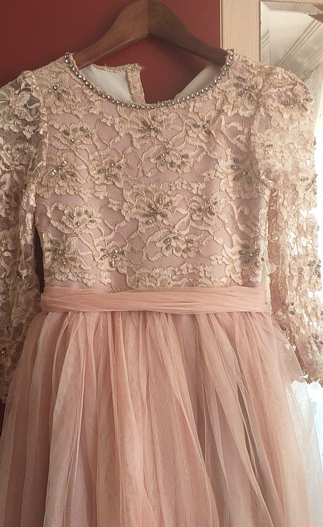 Kız Çocuk Bej Dantel Uzun Elbise - Görsel 3