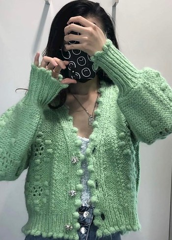 Yeşil Nakışlı V Yaka Örgü Zara Yumuşak Hırka - Görsel 2