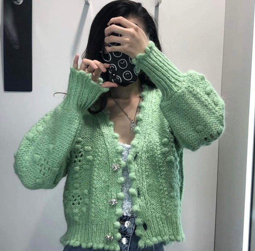 Yeşil Nakışlı V Yaka Örgü Zara Yumuşak Hırka - Görsel 2