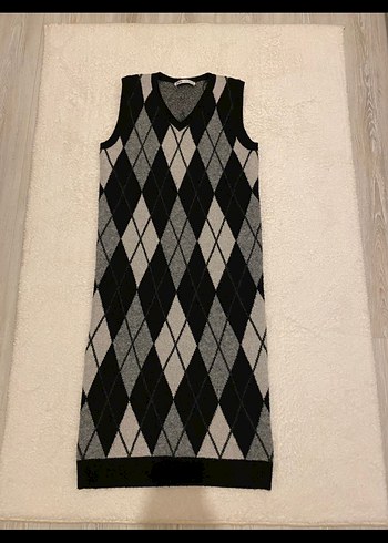 Zara Gri Ekose V Yaka Örme Süveter Elbise - Görsel 2