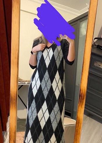 Zara Gri Ekose V Yaka Örme Süveter Elbise - Görsel 4