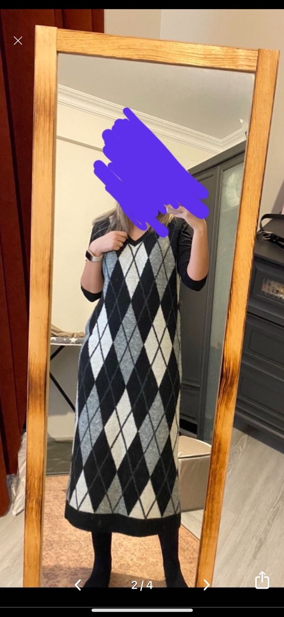 Zara Gri Ekose V Yaka Örme Süveter Elbise - Görsel 4