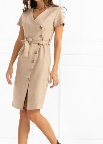 Bej Süet V Yaka Midi Elbise - Görsel 4