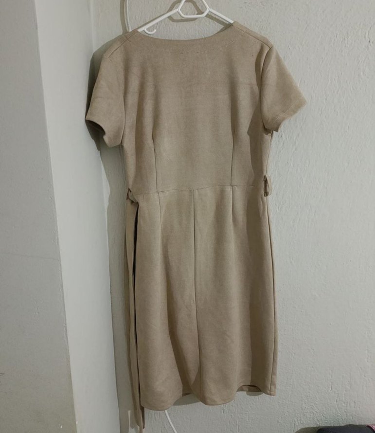 Bej Süet V Yaka Midi Elbise - Görsel 2