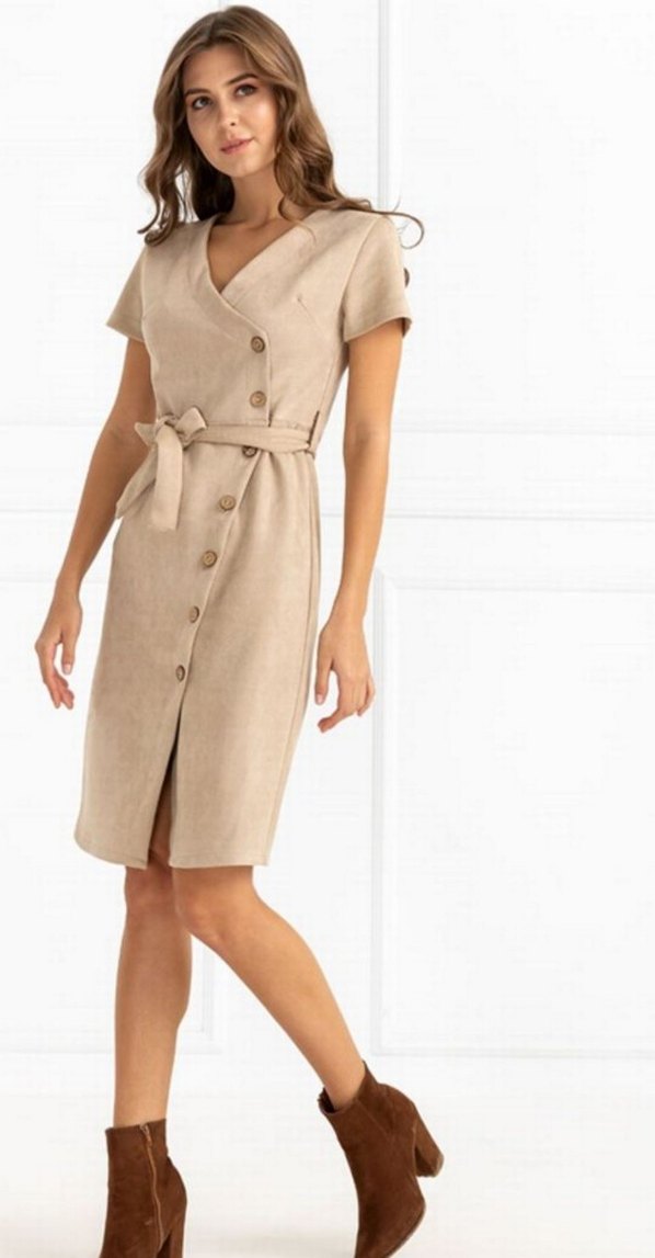 Bej Süet V Yaka Midi Elbise - Görsel 4