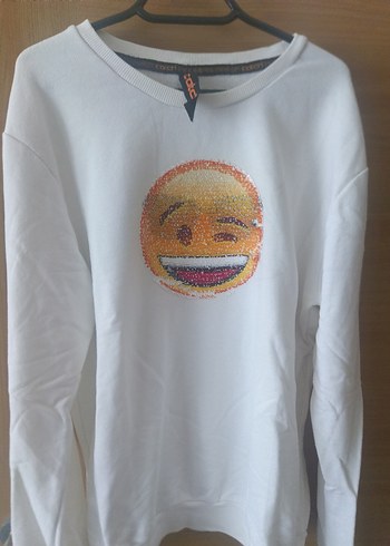 Payetli Emoji Baskılı Beyaz Kadın Sweatshirt - Görsel 2