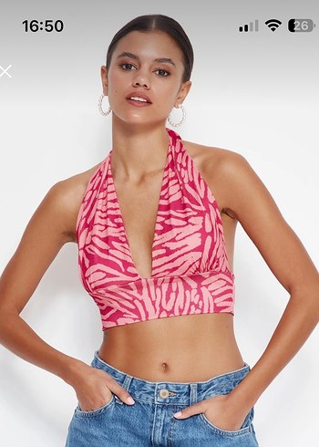 Pembe V-Yaka Drapeli Mini Crop Top