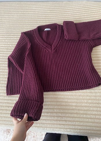 Bordo V Yaka Kadın Triko Kazak - Görsel 2