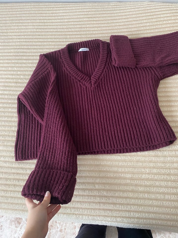 Bordo V Yaka Kadın Triko Kazak - Görsel 2