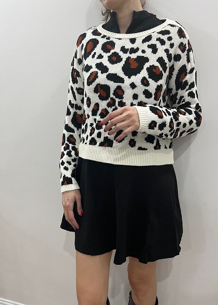 Leopar kalın triko kazak - Görsel 3