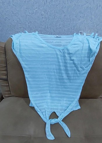 Düğmeli V Yaka Mavi Hamile Tişörtü - Görsel 3