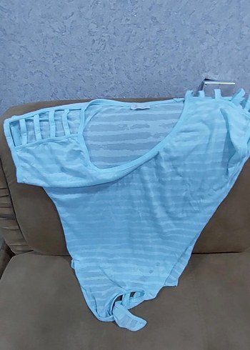 Düğmeli V Yaka Mavi Hamile Tişörtü - Görsel 2