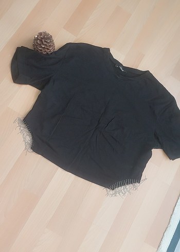diğer Beden Siyah Mini Crop Top, Kısa Kollu, Püsküllü