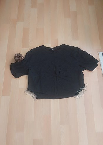 Diğer Siyah Mini Crop Top, Kısa Kollu, Püsküllü