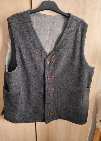 çift taraflı giyilebilen Düğmeli Gri Keten Erkek Yelek - Görsel 6