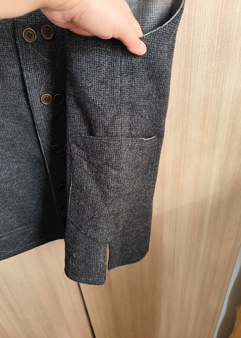 çift taraflı giyilebilen Düğmeli Gri Keten Erkek Yelek - Görsel 8