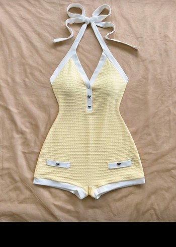 Sarı V Yakalı Kısa Triko Tulum tatlı pijama gibi - Görsel 4