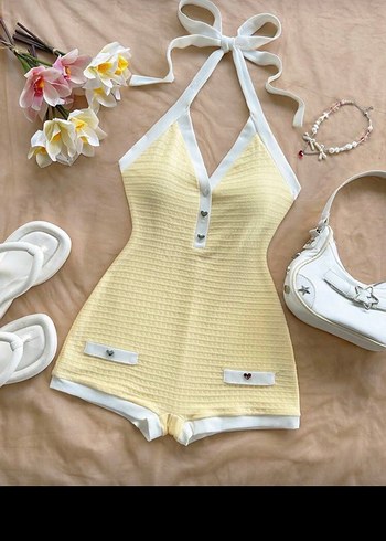 Sarı V Yakalı Kısa Triko Tulum tatlı pijama gibi - Görsel 3