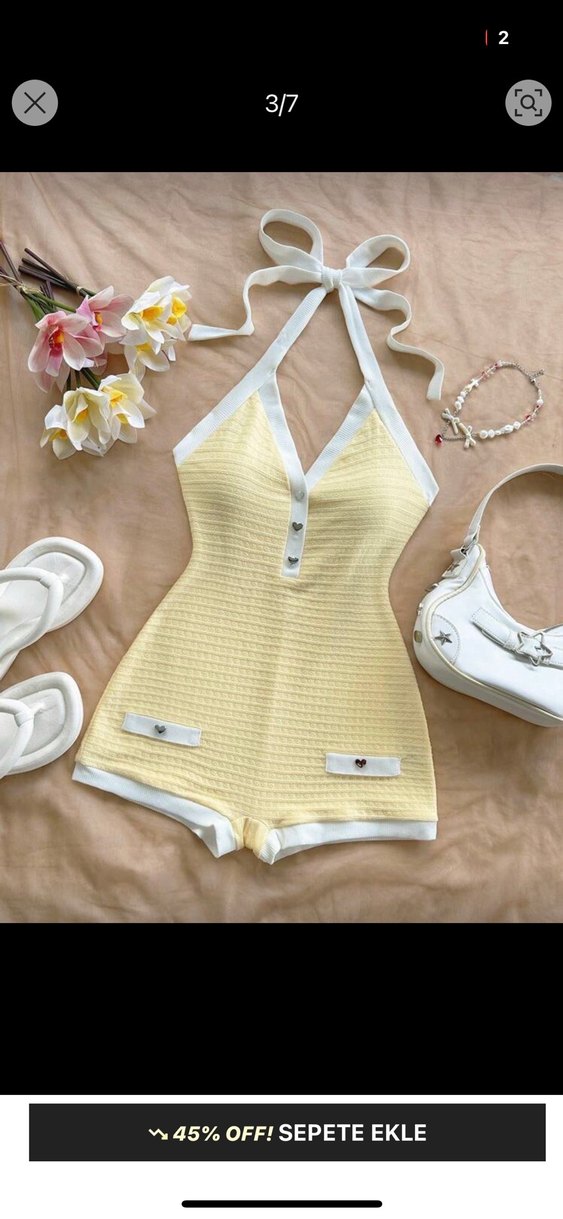 Sarı V Yakalı Kısa Triko Tulum tatlı pijama gibi - Görsel 3