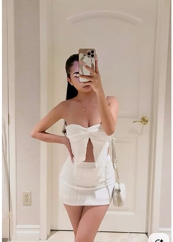 Beyaz Drapeli Straplez Mini Elbise - Görsel 2