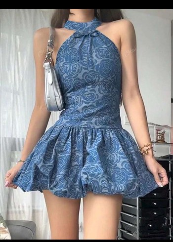 Askılı Kısa Jean Elbise - Vintage Bohem