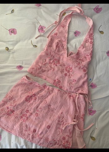Sheinside Pembe Nakışlı Dantel Detaylı Mini Elbise