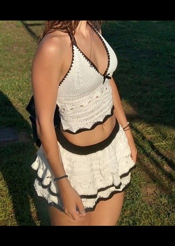 Sheinside Dantel Detaylı Beyaz Mini Etek takım