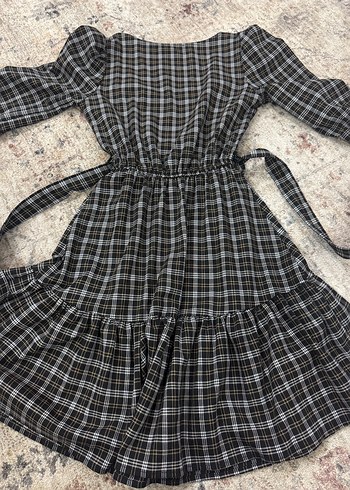 Gri Kareli Kemerli Midi Elbise - Görsel 5