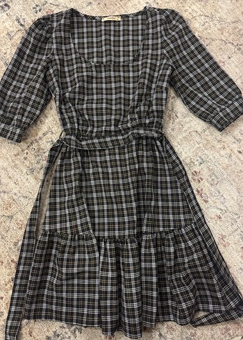 Gri Kareli Kemerli Midi Elbise - Görsel 4