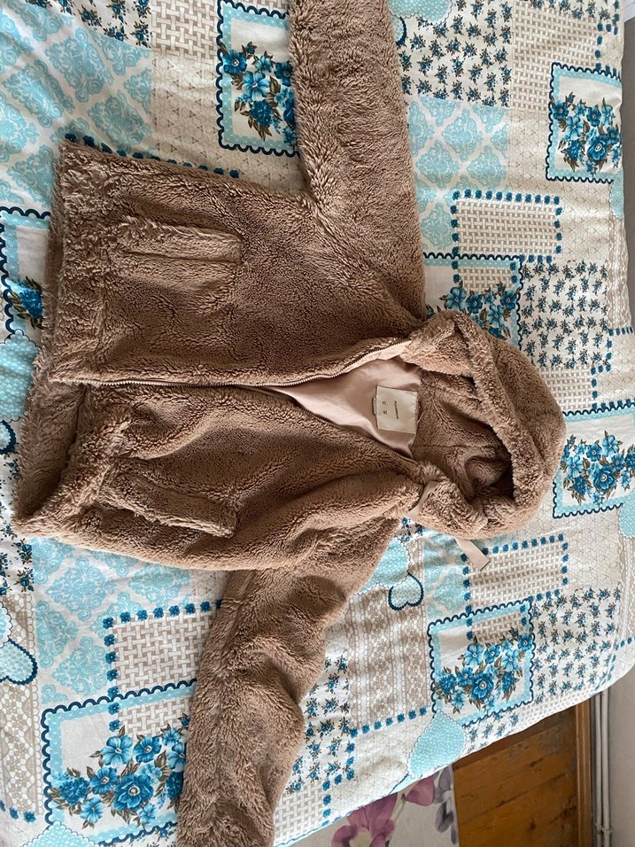 Bershka Kahverengi Kapüşonlu Kadın Peluş Ceket - Görsel 2