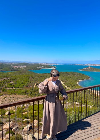 36 Beden camel Renk Bohem Tarzı Uzun Keten Elbise
