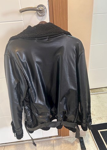 2K Kürklü Siyah Deri Kadın Biker Ceket