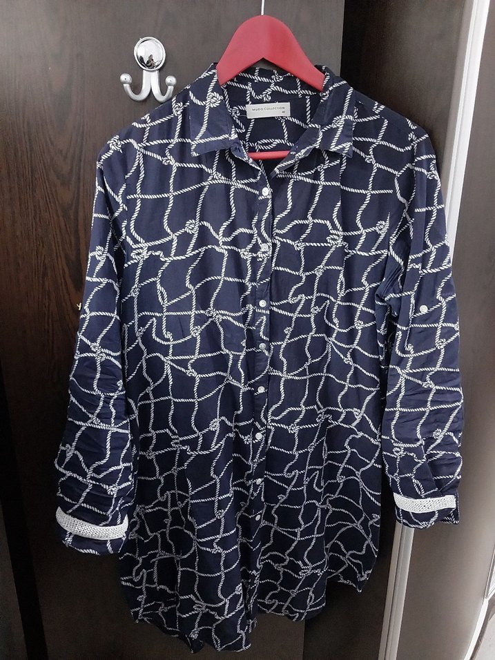 Lacivert Bağlama Desenli Uzun Kollu Kadın Tunik - Görsel 4