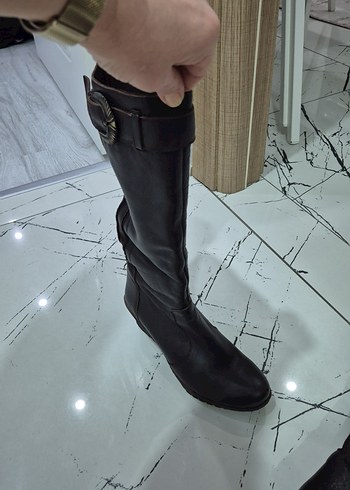 Kahverengi Deri Kadın Dolgu Topuklu Çizme - Görsel 6