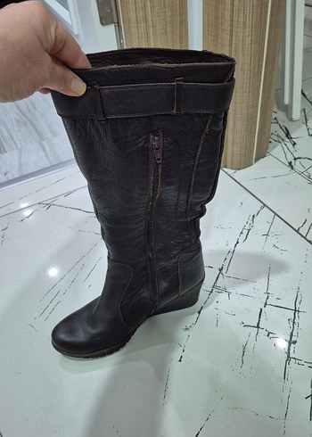 Kahverengi Deri Kadın Dolgu Topuklu Çizme - Görsel 7