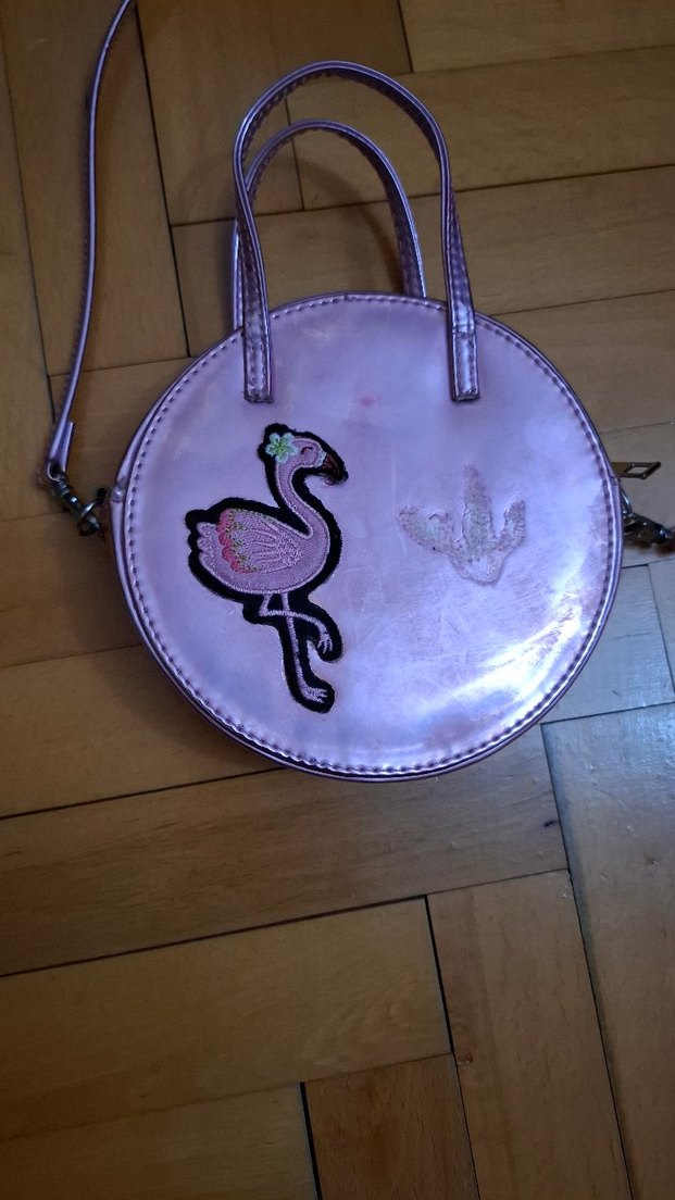 Pembe Deri Flamingo Desenli Yuvarlak Çanta - Görsel 3