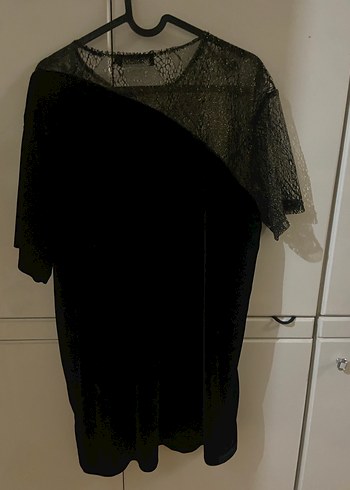 Dantel Detaylı Siyah Gotik Kısa Kollu Tişört Elbise Asimetrik - Görsel 3