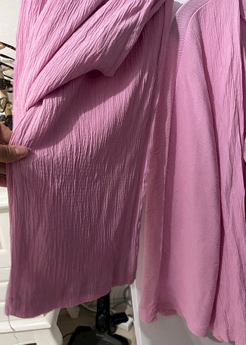l Beden Pembe Pilili Uzun Keten Kadın Kimono takım