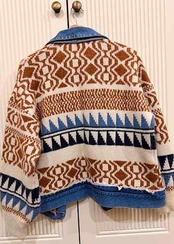 Etnik Desenli Triko Detaylı Kadın Kot Ceket - Görsel 2