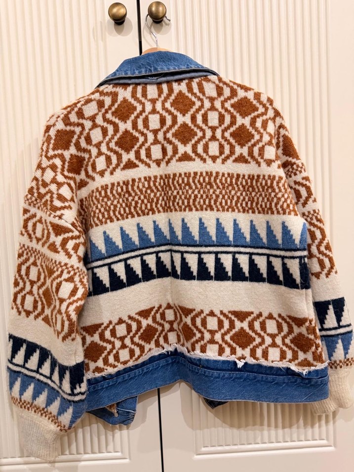 Etnik Desenli Triko Detaylı Kadın Kot Ceket - Görsel 2