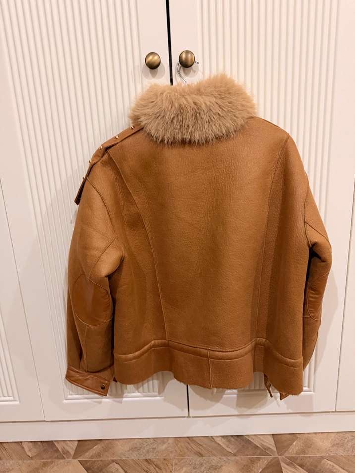 Kahverengi Deri Kadın Ceket Kürklü Yaka - Görsel 2