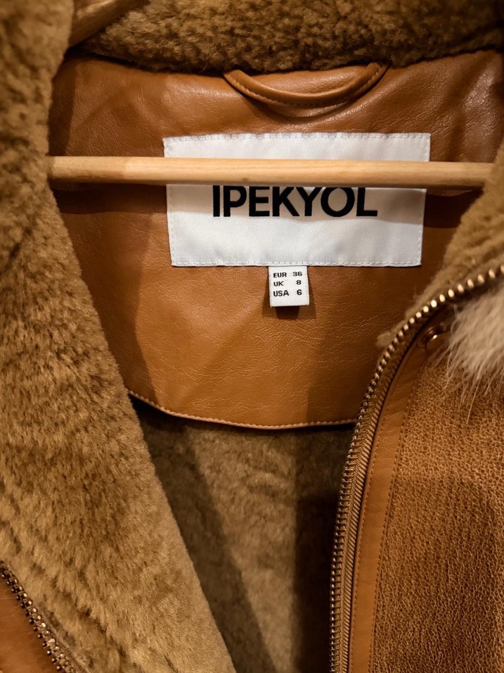 Kahverengi Deri Kadın Ceket Kürklü Yaka - Görsel 3