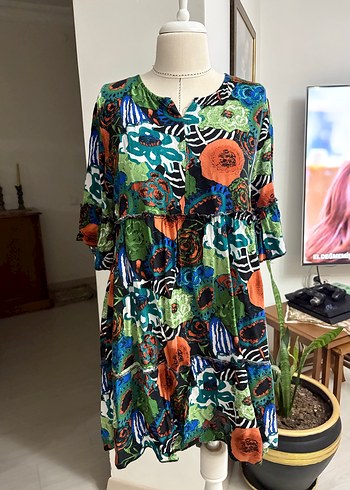 Renkli Bohem V Yaka Uzun Elbise - Görsel 2