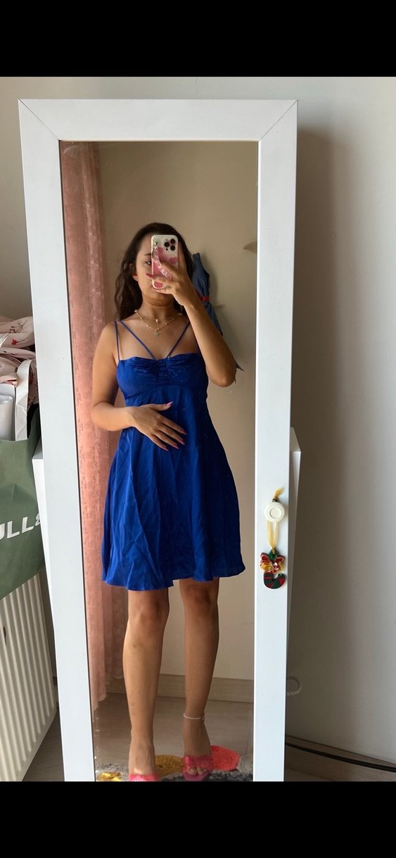 Mavi Parlak Saten Midi Elbise - Görsel 2