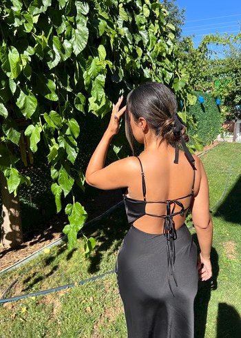 Siyah V Yaka Midi Drapeli Elbise - Görsel 3